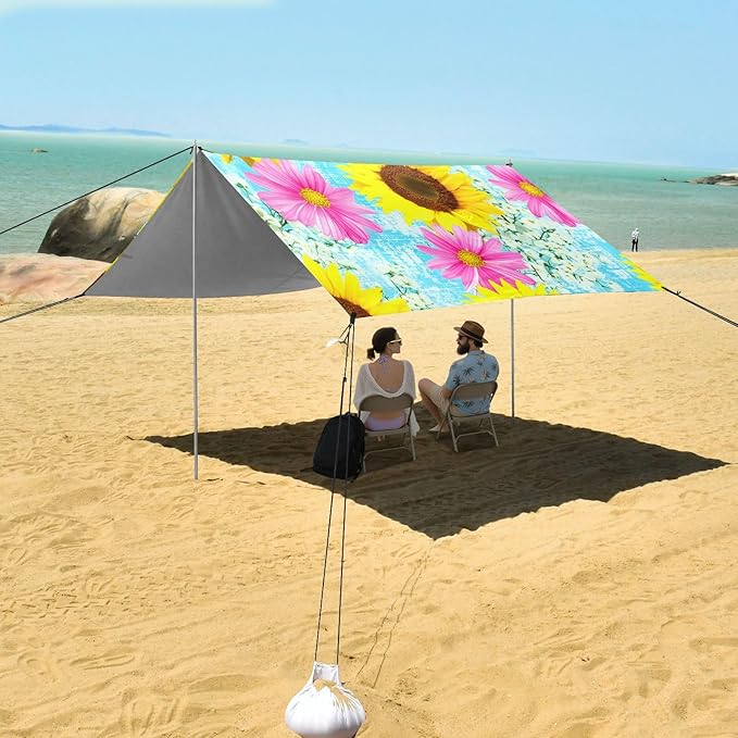 Beach Canopy with Windproof Ropes &amp Sandbags Beach Tent Sun Shade Sun Shelter for Camping Trips Fishing Backyard Fun or Picnics Sunflowers