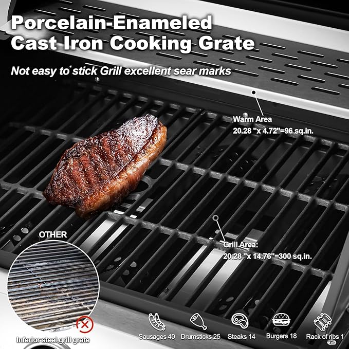 MELLCOM Upgraded 36000 BTU Stainless Steel Burner Barbecue Grill 3 Burner BBQ Propane Gas Grill with Cast Iron Grates &amp Side Stove for Patio Camping Outdoor Cooking