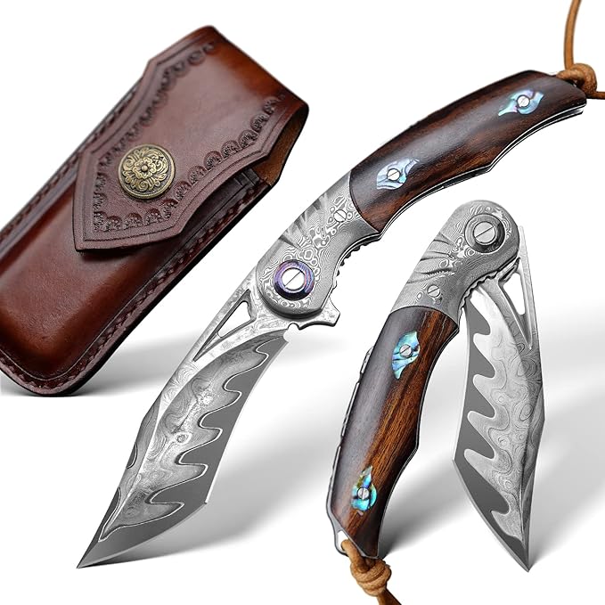 3.7 Inch Folding Pocket Knife Japanese SKD11 Damascus Steel Blade - Outdoor Camping Knife EDC Tactical Knife Forged Steel with G10 Handle Portable Survival Knife for Hunting Hiking