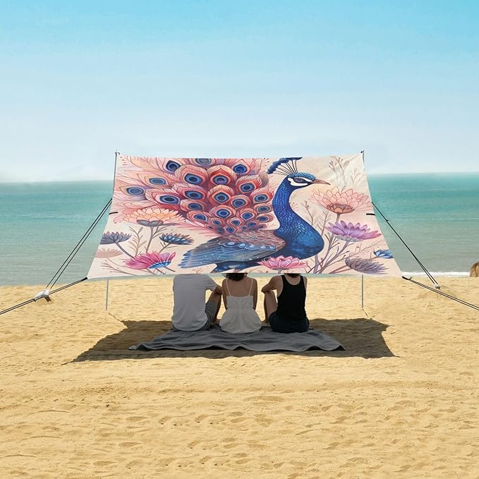 ALAZA Peacock and Pink Flower Beach Tent Sun Shelter Portable Canopy Sunshade for Outdoor Camping Picnics Backyard Fun 10x9 ft