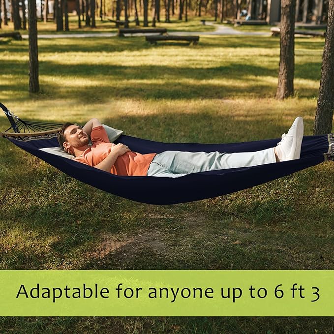 Tranquillo Double Hammock 2 Persons Cotton Canvas 600 lbs Portable Camping Hammock with Solid Curved Wood Spreader Bar Hammock for Camping Trave Outdoor Adventures Indoor Patio Garden Navy