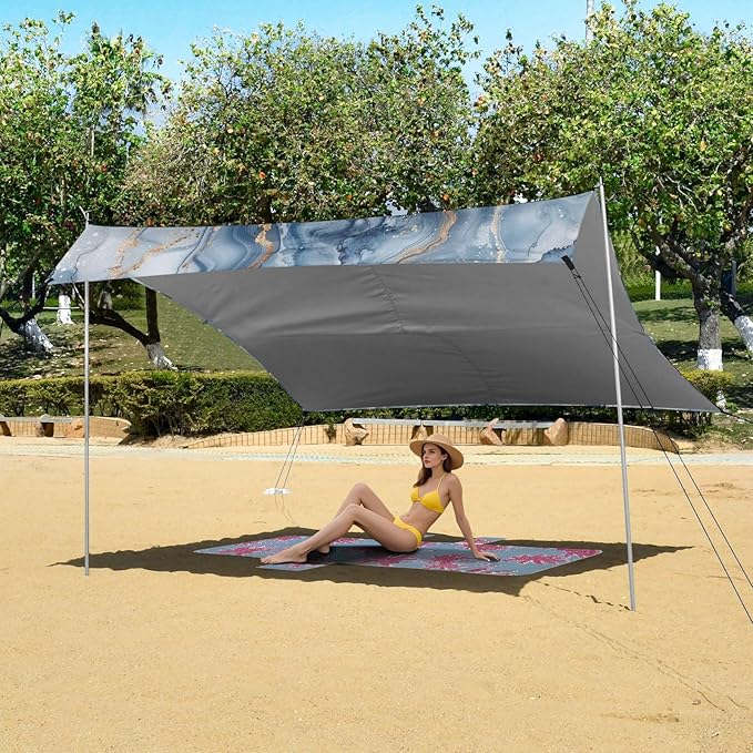 ALAZA Marble Watercolor Blue &amp Gold Beach Tent Sun Shelter UPF50+ Protection Beach Shade Canopy w/ 4 Sandbags for Outdoor Camping Fishing Backyard Fun Picnic 10x9 ft