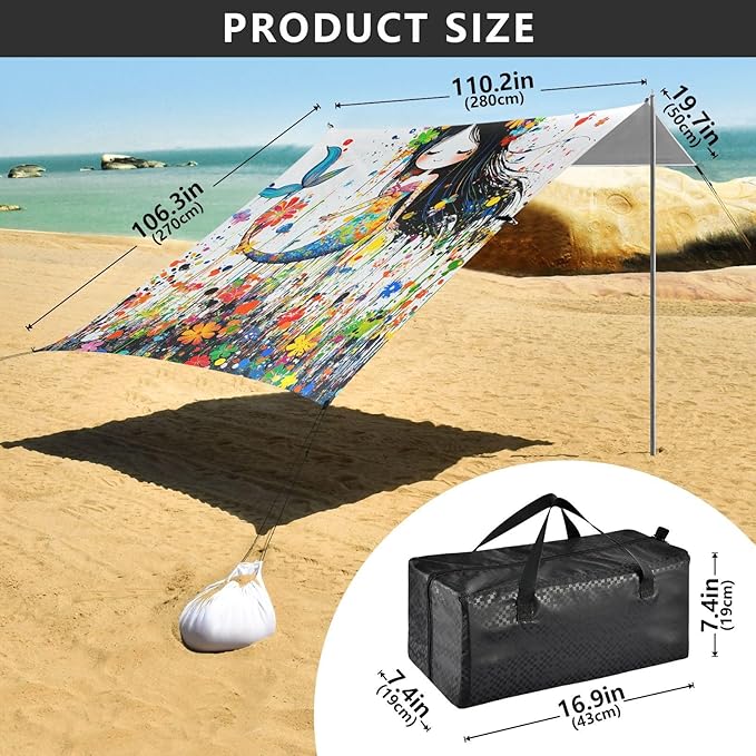 Aesthetic Mermaid2 Beach Tent UPF50+ Protection Water-Resistant Large Sun Shelter with Sandbags and Shovel for Camping Trips Fishing Backyard Fun or Picnics