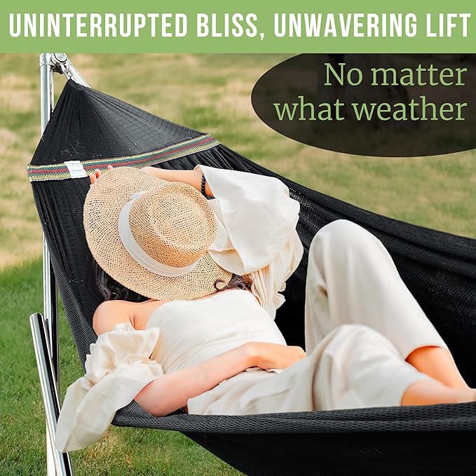 Tranquillo Double Hammock with Stand 650lb Capacity Double Hammock with Spreader Bar Solid Grade 201 Stainless Steel 30s Set Up Sturdy Flexible Hammock Stand Portable Outdoor Indoor Black