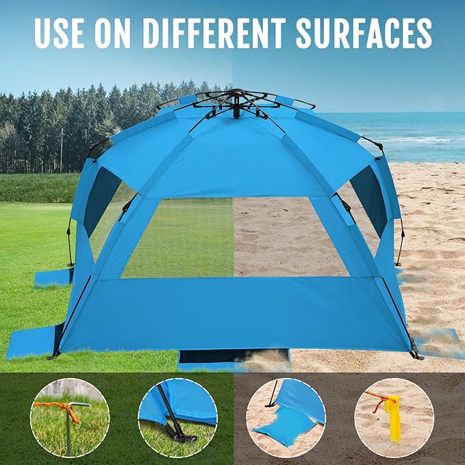 WhiteFang Deluxe Pop Up Beach Tent Sun Shade Shelter for 3-4/5-6 Person UV Protection Extendable Floor with 3 Ventilating Windows Plus Carrying Bag Stakes and Guy Lines