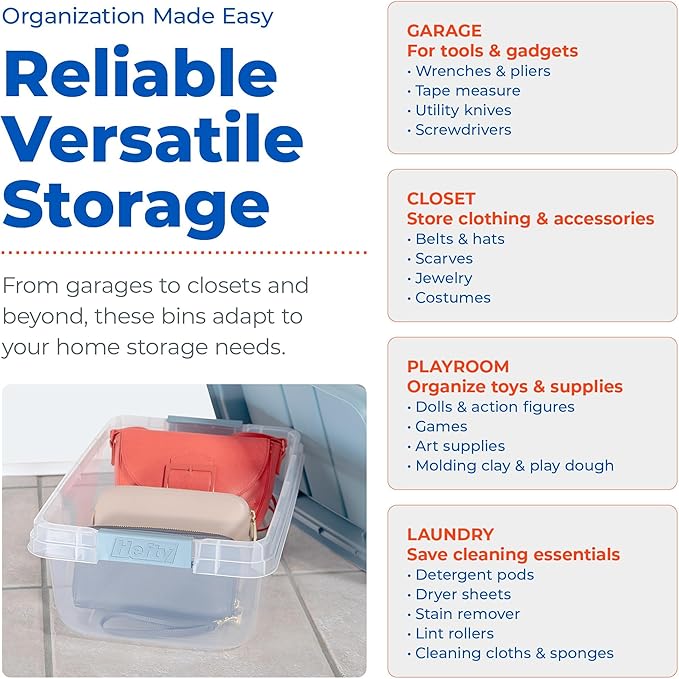 Hefty 18 Quart Hi-Rise Storage Bin with Lid Stackable Plastic Container for Home Office and Classroom Organization 8 Pack Smoke Blue