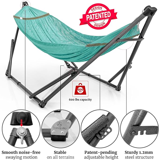 Tranquillo Combo x2 Hammocks with Stand for Outside &amp Tree Straps Heavy Duty Hammock with Stand 600lbs for Indoor Outdoor Patio Backyard x2 Hammocks for 2 Person (Combo - Sky Medium)
