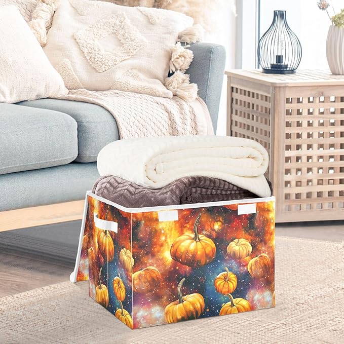 Storage Cube with Lid Space Pumpkin Print 16.5×12.6×11.8 IN Collapsible Large Capacity Foldable Storage Basket Bin Organizer