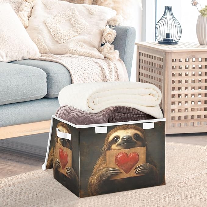 AIXIWAWA Lidded Storage Cube (Sloth with Heart) Fabric Foldable Closet Bins with Flip Lid and Handles Organizer Basket Container 16.5 x 12.6 x 11.8 IN