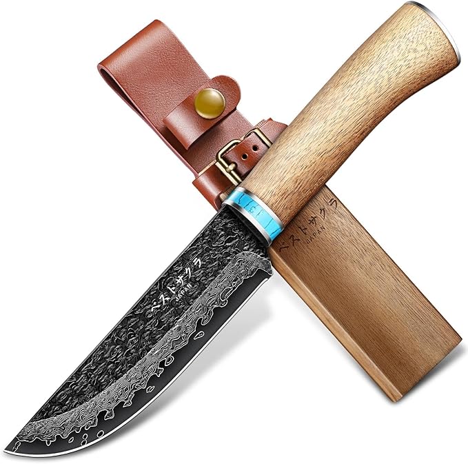 Freelander Damascus Fixed Blade Knife - 5.3 Inch Japanese Damascus Steel Knife with Sheath &amp Real Wood Handle Survival Knives for Camping Outdoor Adventures Gift for Men and Women