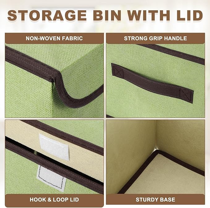 uxcell 2Pcs Storage Bin with Lid Fabric Foldable Box Decorative Storage Boxes with Lids for Keepsake Shelf Closet Nursery Home Bedroom(Green S &amp L Size)