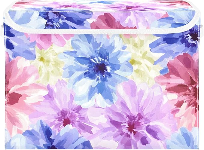 Storage Cube with Lid Flower Blue Red Print 16.5×12.6×11.8 IN 1 Pack Collapsible Large Capacity Foldable Storage Basket Bin Organizer