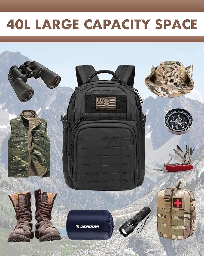 TRAILKICKER Military Tactical Backpack 40L for Men Hiking Camping Molle EDC Daypack Army Assault Pack Lightweight Work Backpack with Water Bladder Compartment Black
