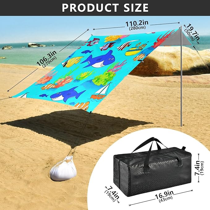xigua Ocean Beach Tent Sun Shelter with Carrying Bag - Silver Coated Oxford Fabric Beach Canopy for Beach Camping Fishing - Includes Windproof Ropes Sandbags &amp Stakes