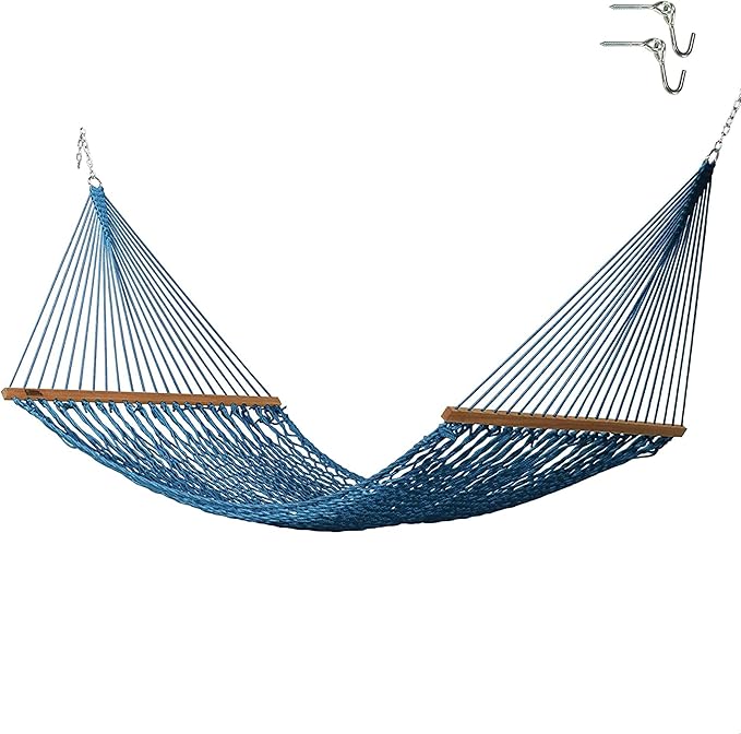 Hatteras Hammocks Large Coastal Blue DuraCord Rope Hammock – 13 ft. x 55 in. 2-Person 450 lb Capacity Cumaru Spreader Bar Zinc-Plated Hardware – Handcrafted in The USA