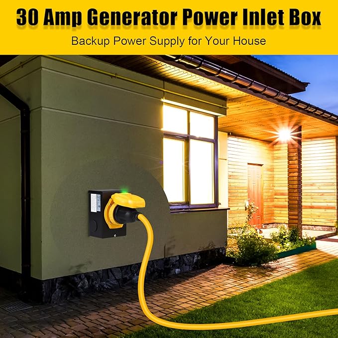 30 Amp Generator Power Inlet BoxNEMA L5-30P125V 3750 Watts Power Inlet Box for 3 Prong Generator Cord Generator Transfer Switch with Power Indicator Pre-Drilled ETL Listed