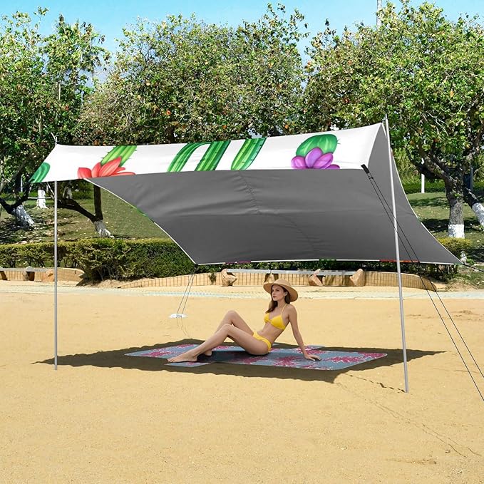Beach Canopy with Windproof Ropes &amp Sandbags Beach Tent Sun Shade Sun Shelter for Camping Trips Fishing Backyard Fun or Picnics Cactus