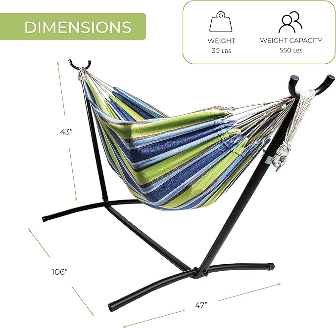 Backyard Expressions Double Camping Hammock with Steel Stand &amp Carrying Bag Adjustable Height Ultra Soft Cotton Blend 550 lb Capacity Indoor &amp Outdoor Portable Hammock