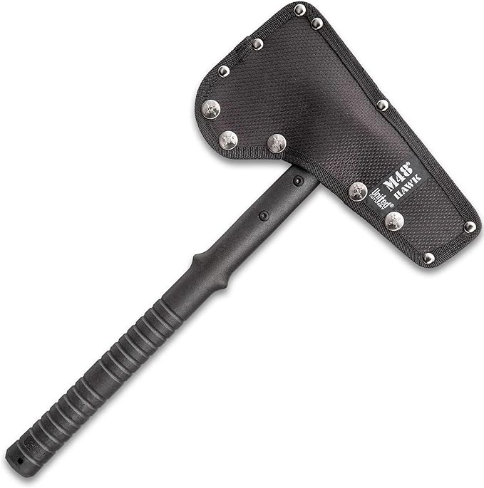 M48 Blue Tactical Tomahawk Axe and Snap On M48 Sheath - Hawk Axe Blue Stainless Steel Blade Piercing Spike Grippy Reinforced Fiberglass Handle Made for Door Breaching and Chopping - Length 15”