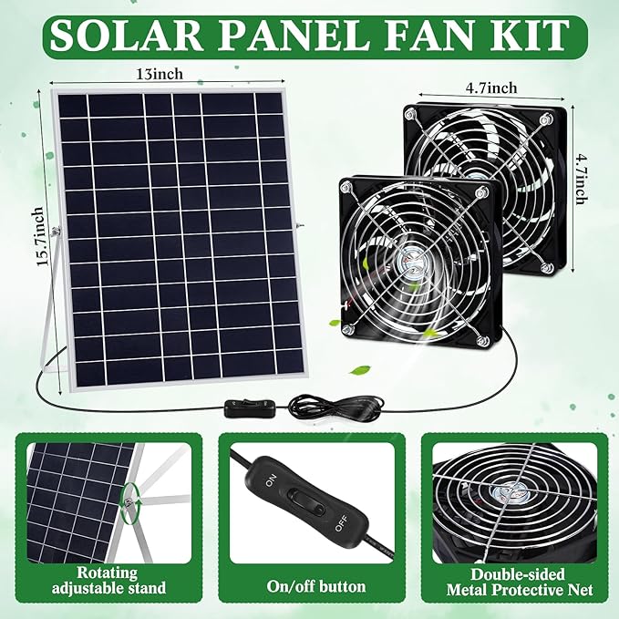 Glooglitter 20w Solar Powered Fan Kit for Chicken Coop IP67 Waterproof Dual Solar Greenhouse Fan 3500 RPM High Speed Exhaust Fan with 10ft Cable for Shed Pet House Window Outside Inside(1 Set)