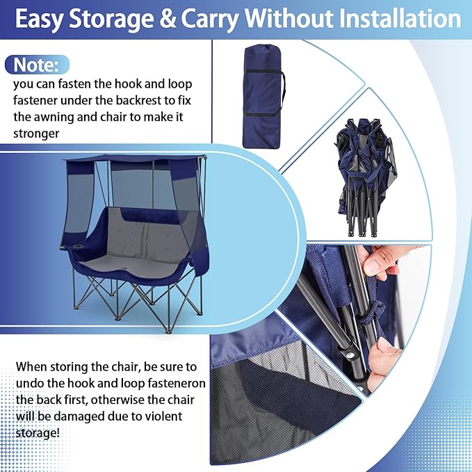 Teenyyou Double Camping Chair with Canopy Shade 660lbs Heavy Duty Beach Chair Portable Folding 2 Person Camping Loveseat with Cup Holder and Storage Bag for Lawn Beach Outdoor Sport(Blue and Grey)