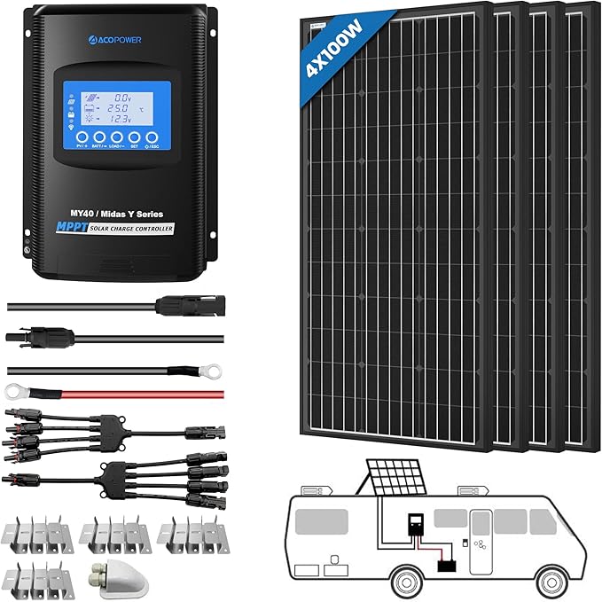 ACOPOWER 400 Watt 12 Volt RV Solar Panel Kit 4 * 100W Solar Panels+40A MPPT LCD Charge Controller+Mounting Z Brackets+Adaptor Kit+Tray Cables SetSolar System Complete Kits for RVBoat