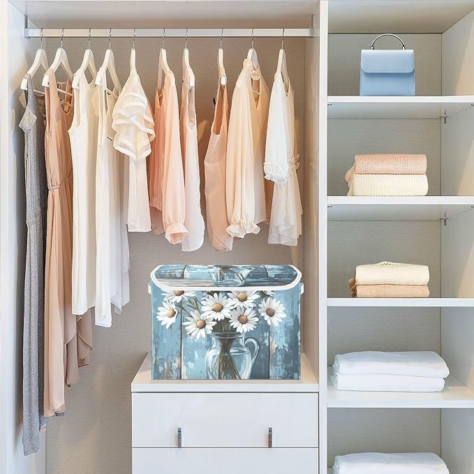 Collapsible Storage Bins with Lids Decorative Fabric Storage Cubes Closet Organizer and Storage Basket Boxes Containers for Clothes Box Chest Nursery Folding Rectangle Daisy Wooden Blue