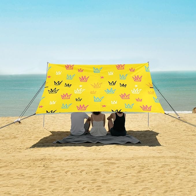 xigua Crowns and Stars Beach Tent Sun Shelter with Carrying Bag - Silver Coated Oxford Fabric Beach Canopy for Beach Camping Fishing - Includes Windproof Ropes Sandbags &amp Stakes