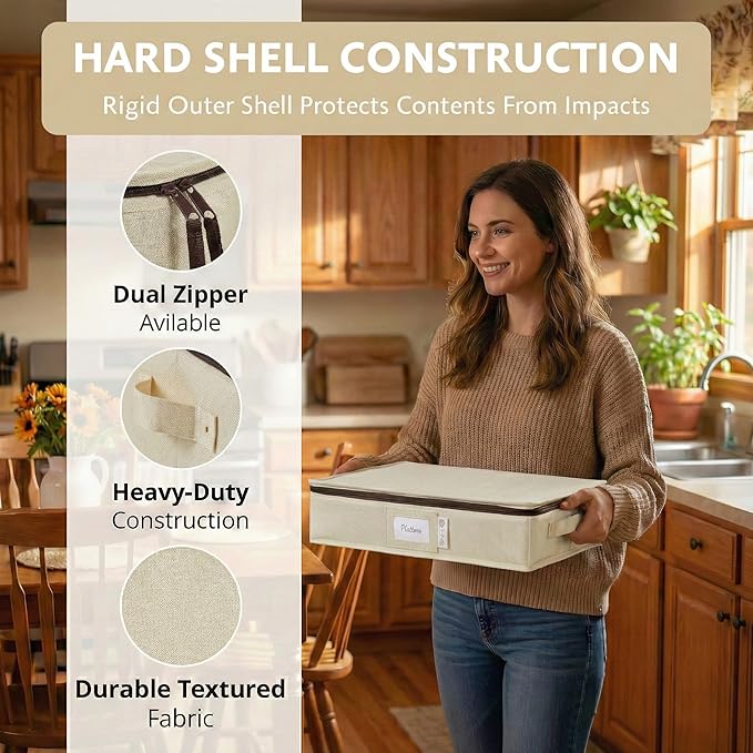 Platter Storage Containers - Hard Shell Protection for Fine China Sturdy Dish Organizer with Dividers for Seasonal Storage Moving &amp More - Protects up to 4 Platters (Beige)