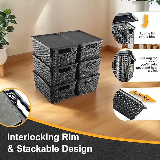 NUMIFUN Storage Bins with Lids Set of 6 Stackable Woven Design Black Plastic Containers with Easy Pull Handles Interlocking Rim Stackable Storage Boxes with Lids for Pantry Closet