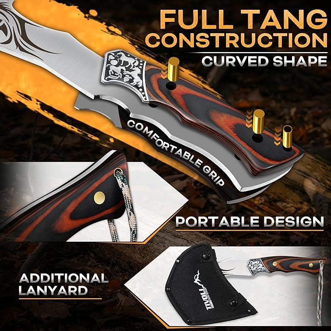 TIVOLI Camping Axe Lion - Patterned Survival Hatchet with Nylon Sheath High Carbon Steel Blade Compact Outdoor Bushcraft Axe with Ergonomic Wood Grip Camping Gear for Hiking Chopping Hunting