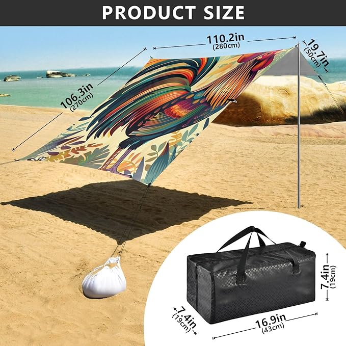 ALAZA Rooster Art Beach Tent Sun Shelter Portable Canopy Sunshade for Outdoor Camping Picnics Backyard Fun 10x9 ft