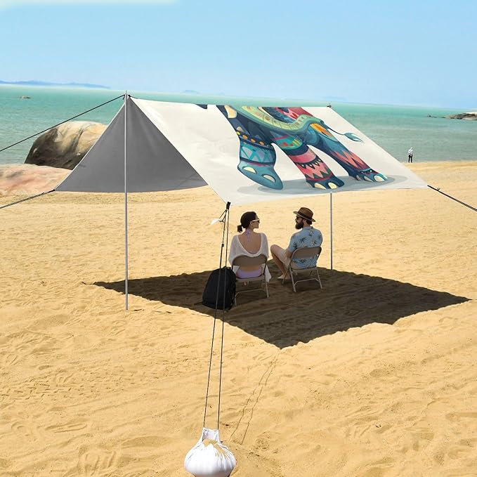 ALAZA Cute Elephant Boho Beach Tent Sun Shelter UPF50+ Protection Beach Shade Canopy w/ 4 Sandbags for Outdoor Camping Fishing Backyard Fun Picnic 10x9 ft