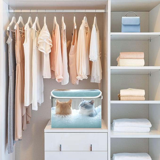 AIXIWAWA Lidded Storage Cube (Showering Cats) Fabric Foldable Closet Bins with Flip Lid and Handles Organizer Basket Container 16.5 x 12.6 x 11.8 IN