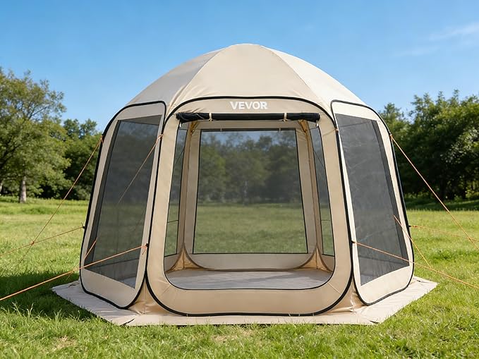 Pop Up Screen House Tent VEVOR 10 x 9.2 FT Pop-Up Screen Room with Awning Portable Screen Tent Gazebo for 4–8 Person Instant Screen Canopy with Carry Bag for Patio Backyard Camping