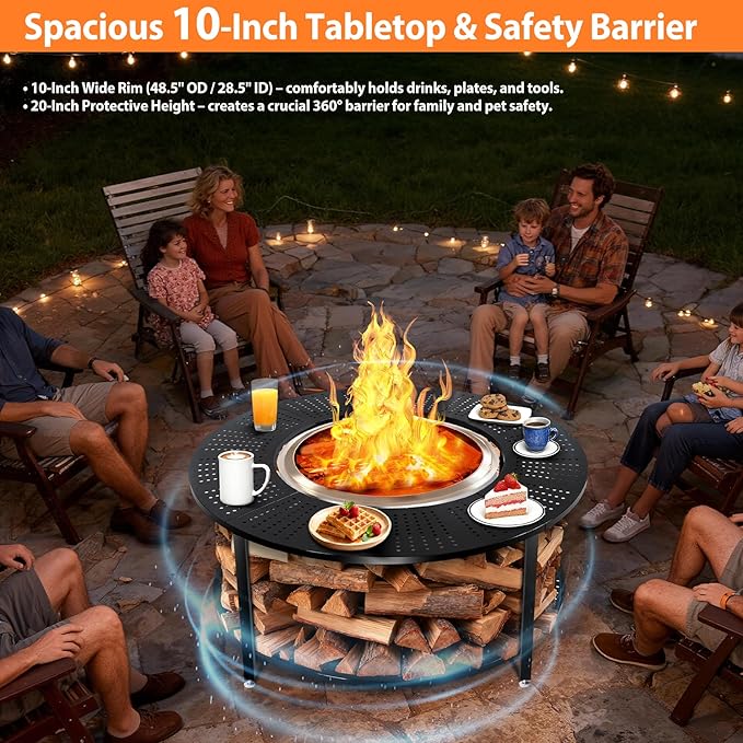48.5 Inch Universal Fire Pit Surround Tabletop for Solo Stove Yukon &amp Tiki 27.5 Outdoor Patio Stand with Firewood Storage Shelf Heavy Duty Steel 200LB Capacity