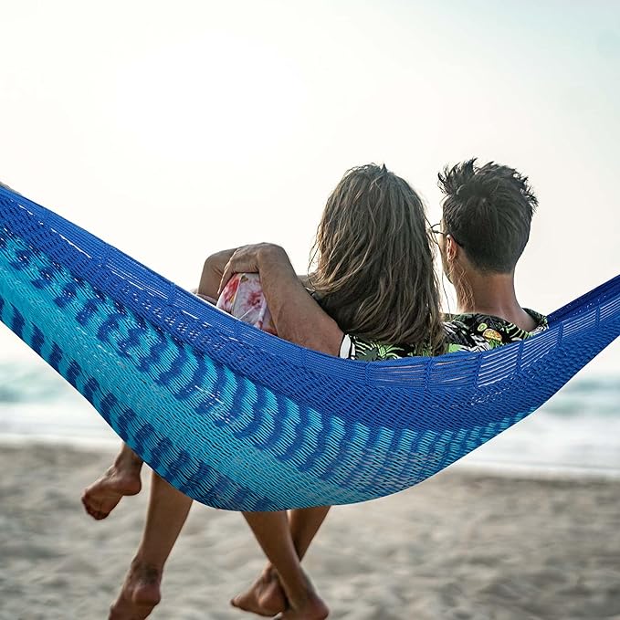 Lazy Daze Hammocks Handwoven Mayan Hammock 10.5 FT Soft Rope Double Hammocks Portable Outdoor Hammock with Carry Bag 2 Straps &amp Carabiners for Patio Outside 550 lbs Weight Capacity Blue/Dark