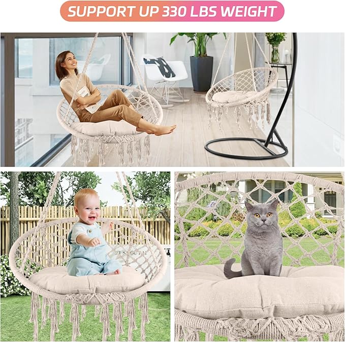 Hanging Swinging Chair Macrame Hammock Hanging Swinging Chairs with Soft Cushions and Hardware Accessories Hanging Chair for Indoor and Outdoor Use 3 Installation Methods Beige (1 Beige)