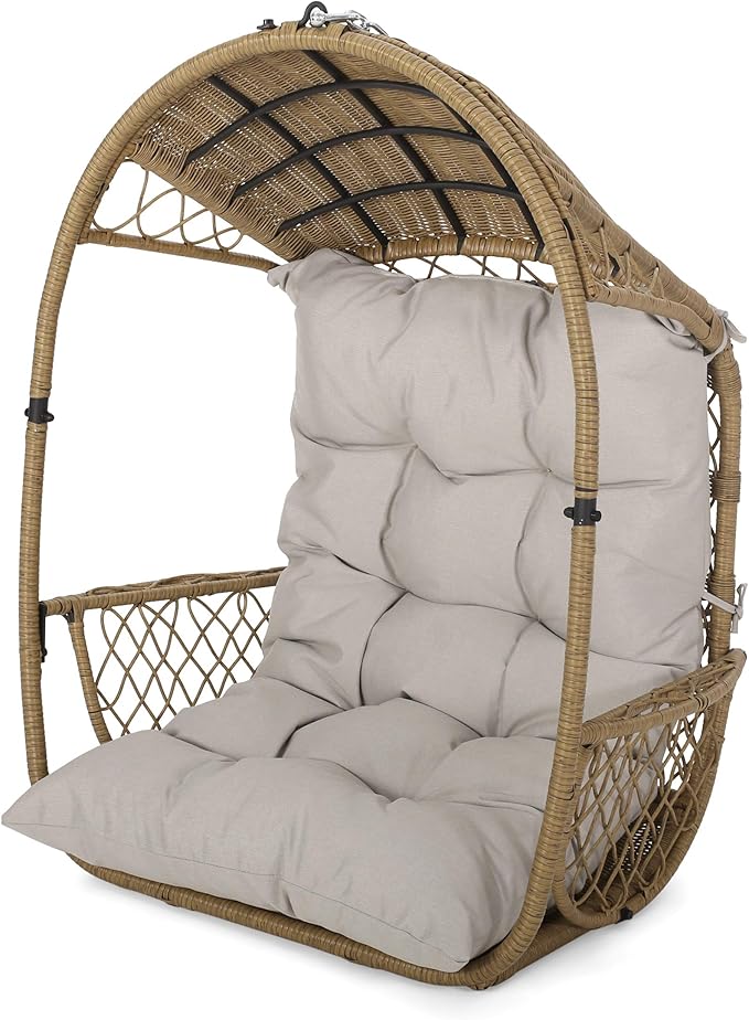 Christopher Knight Home Sidney Outdoor/Indoor Wicker Hanging Chair with 8 Foot Chain (NO Stand) Light Brown and Beige