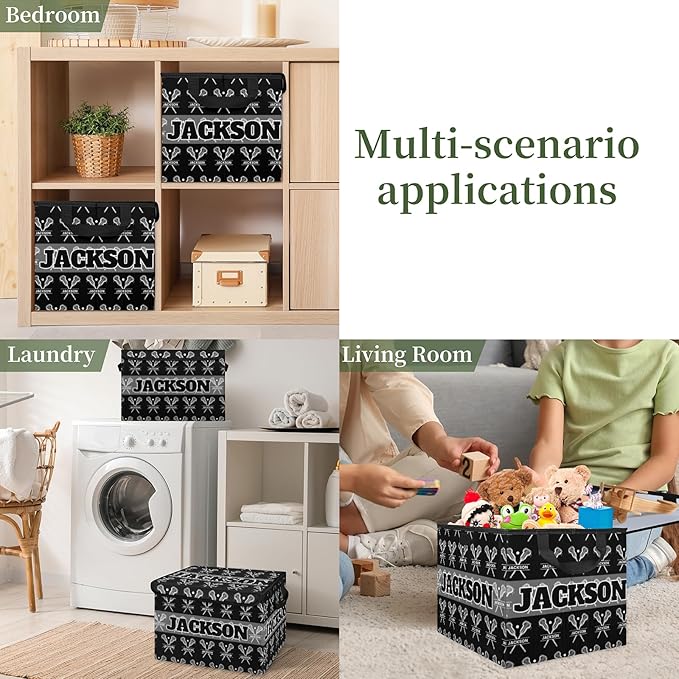 Lacrosse Player Games Custom Storage Bins with Lid Foldable Fabric Personalized Storage Basket Box with Handle Storage Organizer Container for Home Bedroom Closet