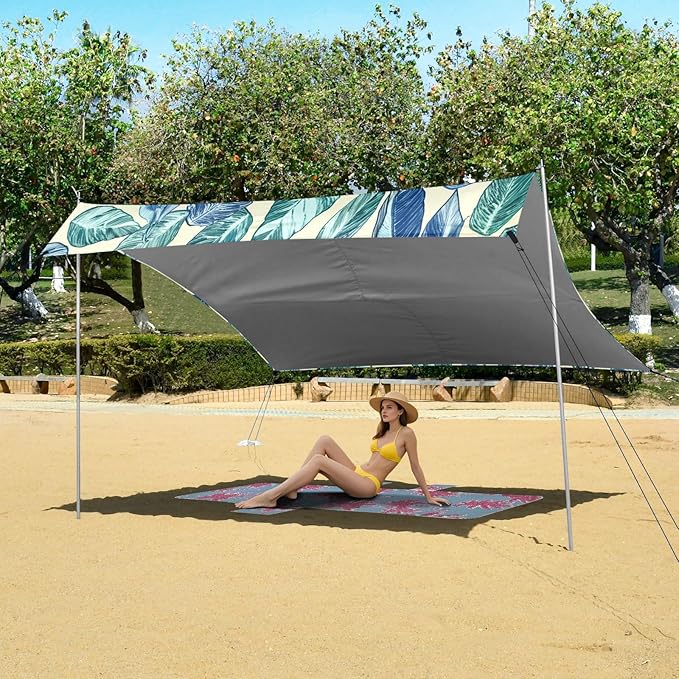 xigua Leaves Beach Tent Sun Shelter with Carrying Bag - Silver Coated Oxford Fabric Beach Canopy for Beach Camping Fishing - Includes Windproof Ropes Sandbags &amp Stakes