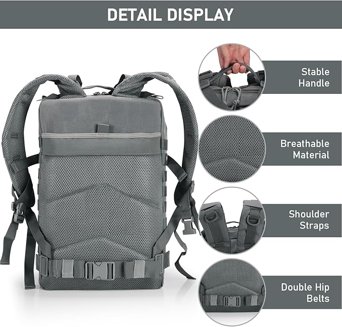 ShowyLive 3P Tactical Backpack Military Rucksack - 45L Large Hiking Backpack Waterproof Durable Camping Backpack for Men Women Travel Outdoor Sports Bug Out Bag (Grey)
