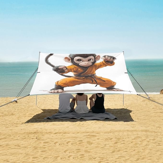 ALAZA Kongfu Monkey Little Sun Wukong Beach Tent Sun Shelter UPF50+ Protection Beach Shade Canopy w/ 4 Sandbags for Outdoor Camping Fishing Backyard Fun Picnic 10x9 ft
