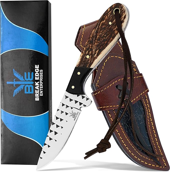 Break Edge Handcrafted Cowboy Hunting Knife with Leather Sheath Premium Handle Best Gift for Boy Friend and Father Day. (Light Brown)