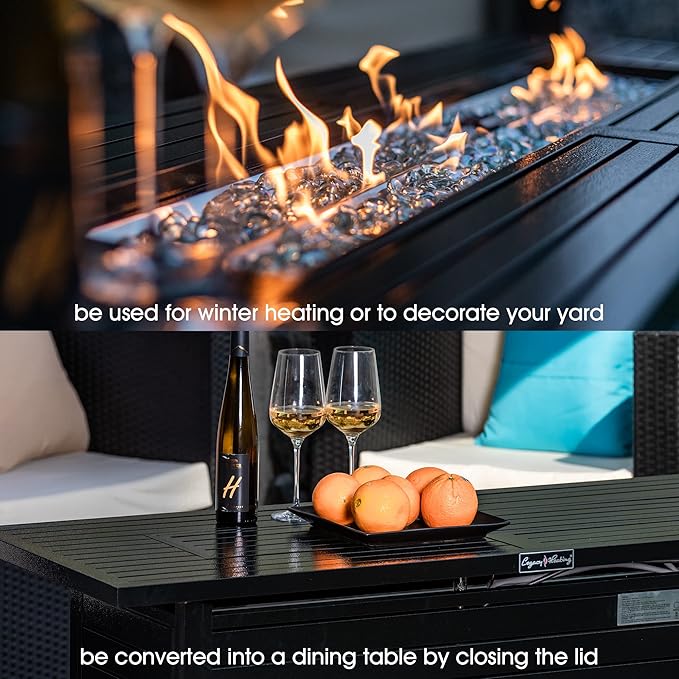 LEGACY HEATING 57 inch Propane Fire Pit Table Outdoor Gas Fire Pit Table 50000BTU Fire Table with Lid Retangular Black Firepit Table for Garden Backyard Deck Poolside Party