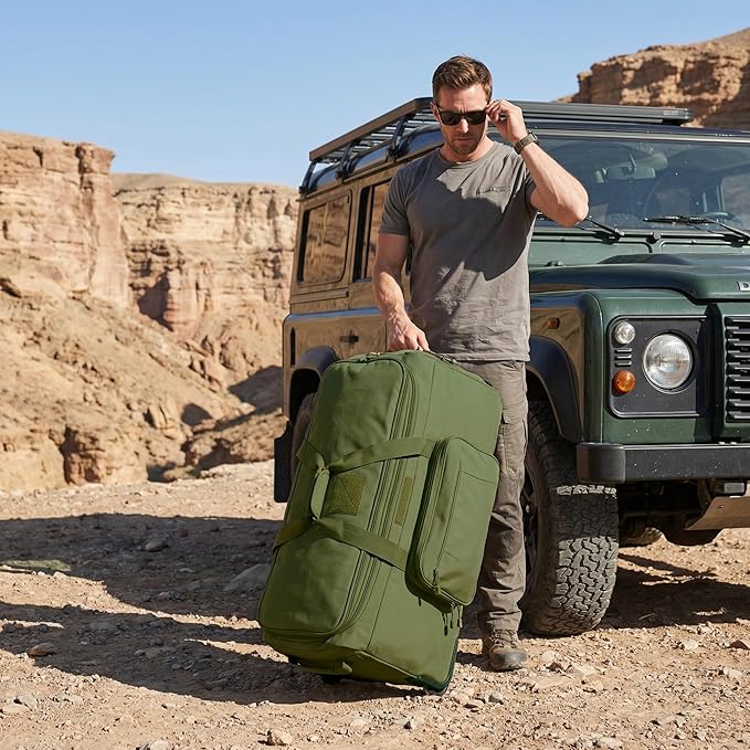 Military Wheeled Deployment Bag Large Tactical Heavy Duty Duffel Bag for Camping Hiking (Green)