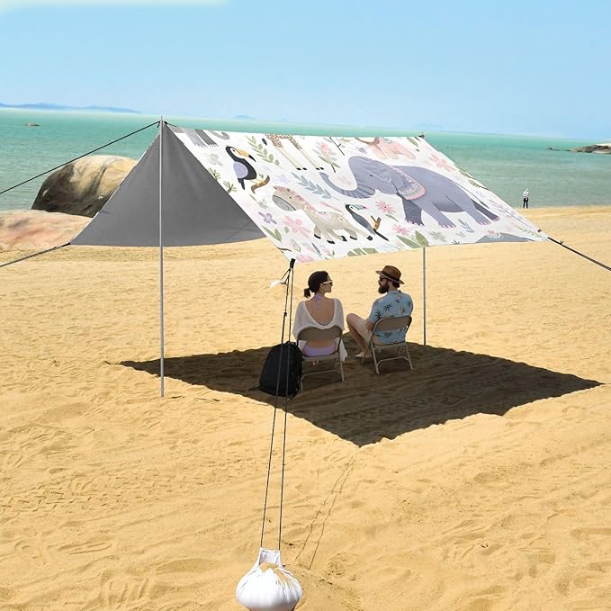 Cute Jungle Animals Beach Tent Sun Shelter Set UPF50+ UV Protection 10.5 x 9.19 FT Camping Shade Canopy with Sandbags Sand Anchors Carrying Bag and Others
