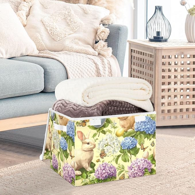 Yellow Easter Bunny Hydrangea Butterfly Storage Box with Lid 1 PC Foldable Storage Bin with Lids Stackable Storage Bins Cube Closet Organizer Basket with Flip-Top Lid &amp Handles for Shoes Books Tow