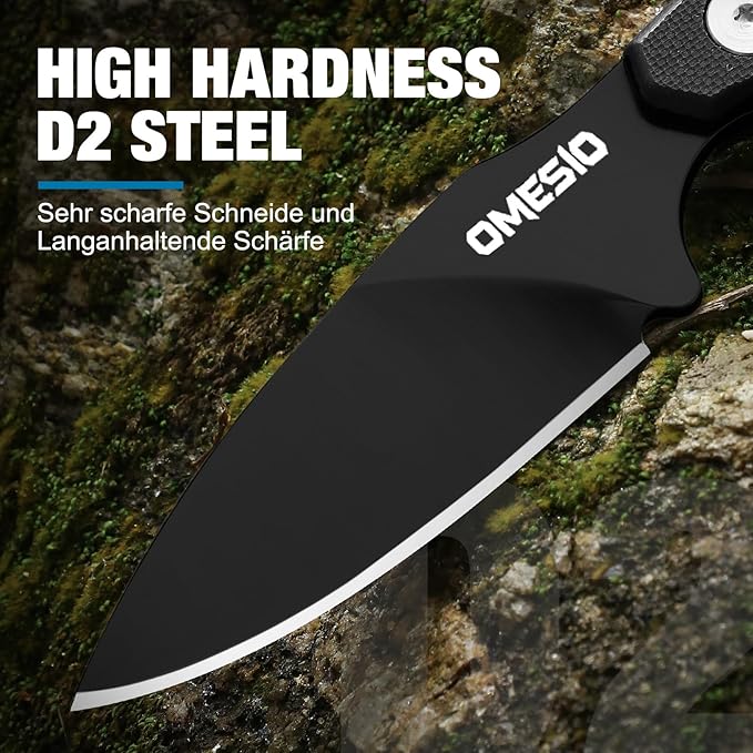 Omesio EDC Fixed Blade Knife 5.82 Neck Knife with Sheath and Necklace D2 Steel 2.99-Inch Blade Small Full Tang Knife with Clip G10 Handle for Fishing Hiking Camping (Black Blade + Black Handle)