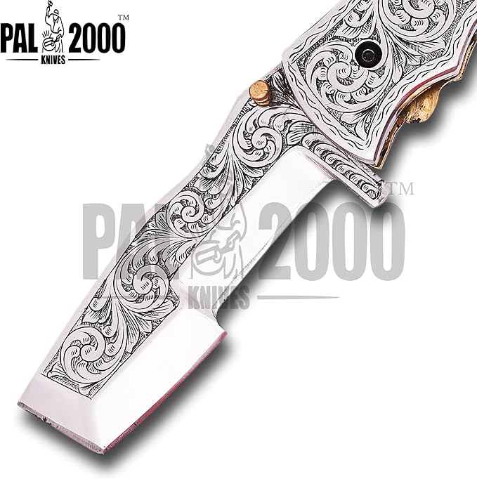 PAL 2000 KNIVES Custom Handmade D2 Steel Folding Pocket Knife - Custom 3D Hand Engraved 9773